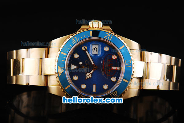 Rolex Submariner Automatic Movement Full Gold with Blue Dial-White Markers and Blue Ceramic Bezel - Click Image to Close